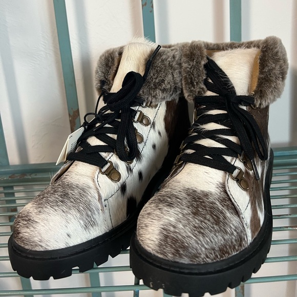 Genuine Cowhide & Leather Bootie Fur combat ankle boot chocolate brown sz 7 new - Picture 5 of 8